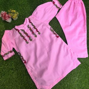 Hand-Embroidered Pink Kurta Pajama for Baby Girls